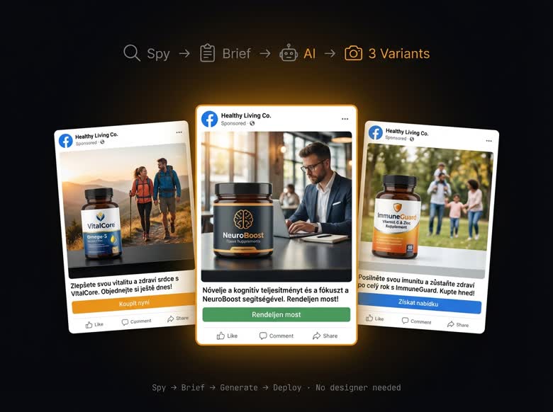 3 Facebook ad variants generated by Creative Intelligence — editorial style, localized Czech and Hungarian copy, health supplement products